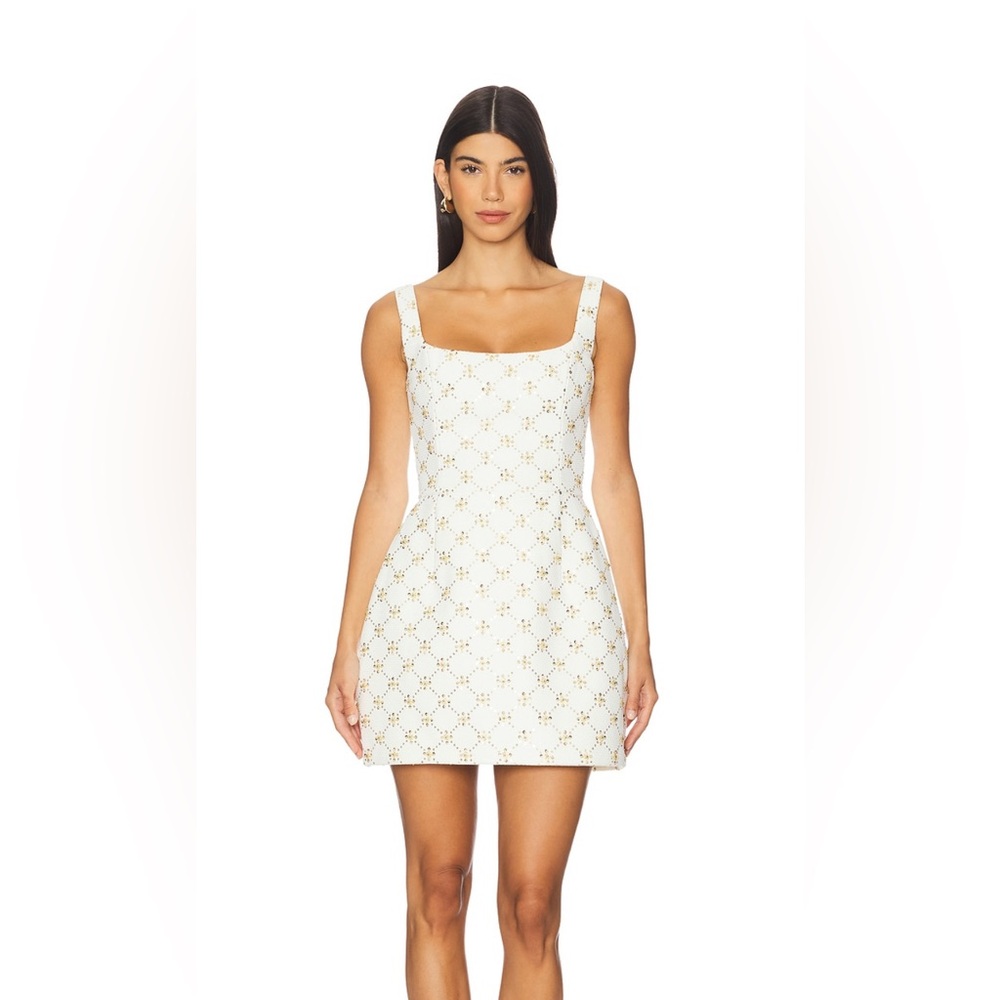 NADINE MERABI Square Neck Tulip White and Gold Mini Dress